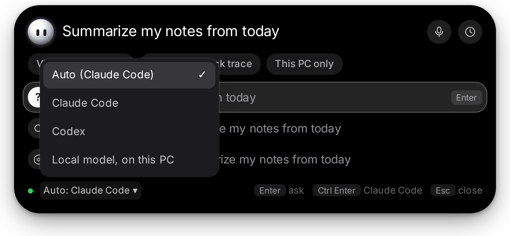 Ask mode's model menu