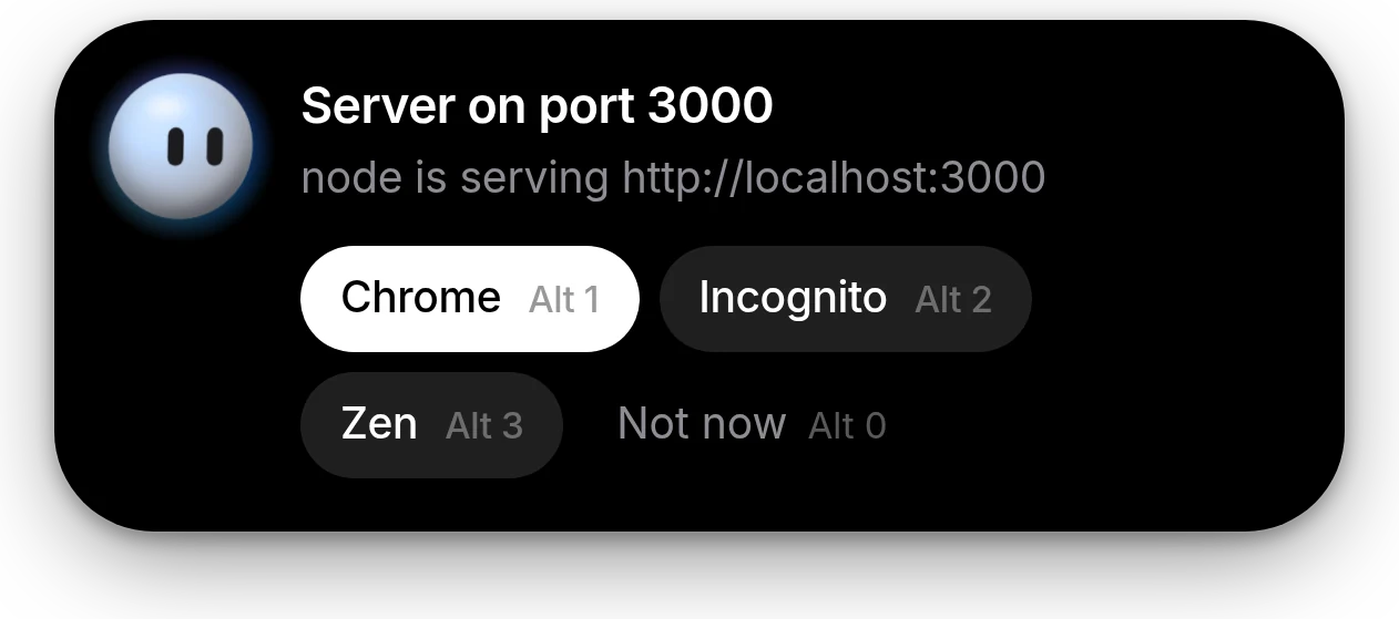 The island offering to open localhost:3000 in a browser